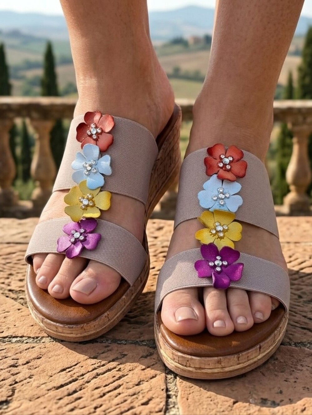 Italian Shoemakers Multi-Color Floral Rhinestone Elastic Wedge Sandals Size 7.5